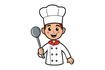 Happy Chef's Culinary Creation: A smiling chef, radiating warmth, joyfully brandishes a cooking spoon, ready to create delightful meals in a charming cartoon setting.