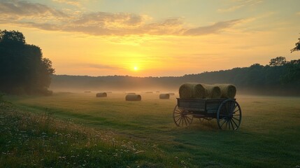 Fototapeta premium Misty sunrise over a hay wagon