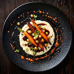 Charred roasted carrots and spiced chickpeas, a swirl of cream cheese on a black, textured plate. The balsamic vinaigrette drips. caramelized carrots and creamy cheese. The dark wooden backdrop.