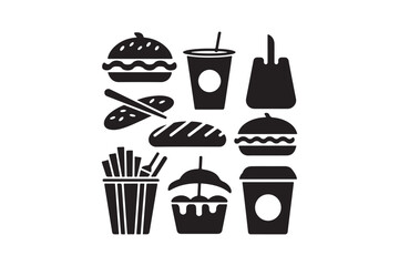 Collection of black and white fast food icons including burgers drinks and fries