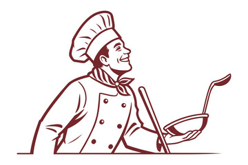 Culinary Visionary: A chef, in a classic uniform, embodies the essence of culinary artistry, a symphony of flavors, and skillful execution with a ladle and wooden spoon.