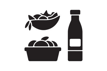 Simple black icons of food items and a bottle on a white background