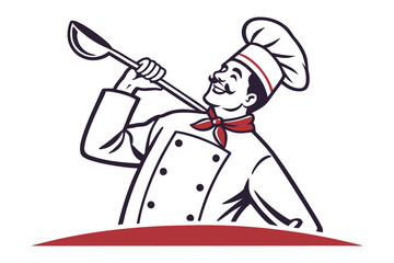 Culinary Taste Test: A professional chef, distinguished by his hat and uniform, savors the taste of a dish, holding a ladle to his mouth, embodying the essence of fine dining and the culinary arts.