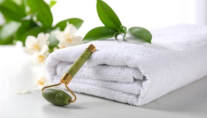 Jade roller on white towels, flowers, leaves