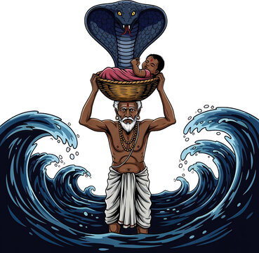 Vasudeva Carrying Baby Krishna Across Yamuna with Sheshnag &ndash; Janmashtami Divine Scene