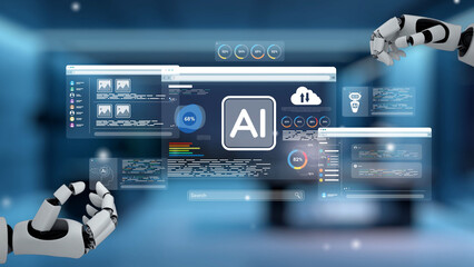 Fototapeta premium AI Assistant Brain Processor with LLM Technology, Big Data, Machine Learning, Generative AI for Business Support, Future Agentic AI Technology and Artificial Intelligence Prompt Engineering. Epoch