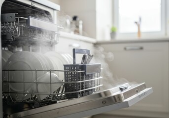 Steam rises from an open dishwasher in a modern kitchen, revealing sparkling clean dishes and cutlery. Captures the efficiency and convenience of modern home appliances.