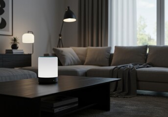 A minimalist smart speaker with a glowing light sits on a dark coffee table in a modern living room, with soft ambient lighting and contemporary furniture. Evokes smart home comfort.

