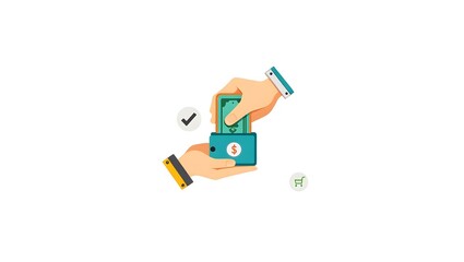  flat icon illustration of payment with money, representing the purchase or buying of goods