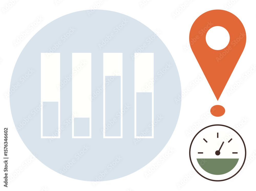 Poster bar charts display progression, orange location pin marks position, speedometer gauges performance o