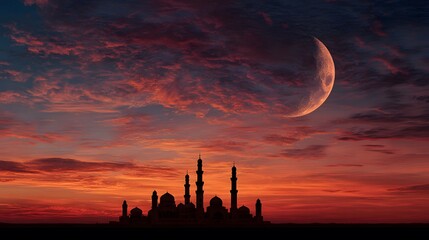 Beautiful islamic mosque silhouette with crescent moon at scenic sunset time