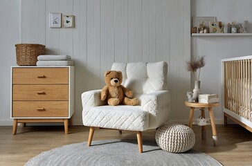 A white baby crib with a blanket draped over the side, next to it is an empty table