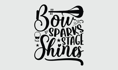 Bow Sparks Stage Shines- Electric Violin T-shirt Design, handcrafted vector sketch for printing. Isolated black-and-white illustration with a modern artistic tone.