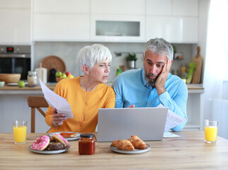 Senior couple checking bills and calculating expenses using a laptop during a breakfast in the...