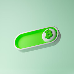 Green on toggle switch button with bitcoin sign isolated over lime green background. App slider concept. Mockup template. 3d rendering.