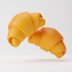 Falling plain croissants isolated over white background. 3D rendering.