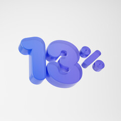 Transparent purple thirteen percent or 13 % isolated over white background. 3D rendering.