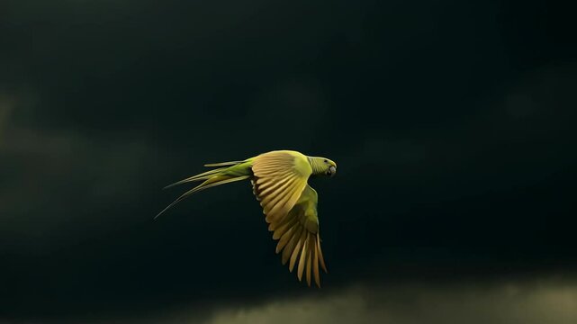 Green parakeet in mid-flight against dark backdrop, lit by soft spotlight, symbolizing grace and freedom.

