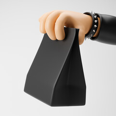 Rocker cartoon hand holding paper bag isolated over white background. 3D rendering.