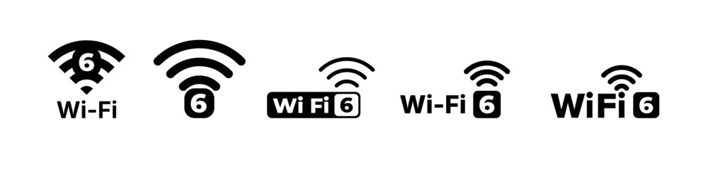 WiFi6 icon set. Internet connection symbol. Wi-fi 6 signal symbol. Wireless and wifi icon. Remote internet access. Wireless and Network