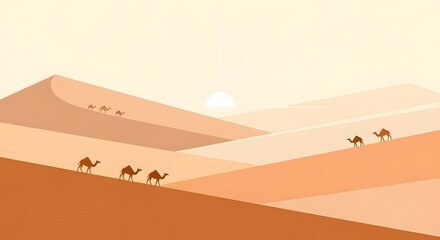 Minimalist desert landscape illustration featuring camels, sun, and dunes