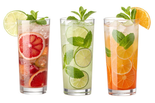 Set of six refreshing summer beverages in highball glasses. Includes iced tea with lime, mojito with mint, grapefruit cooler, tequila sunrise with cherry, and orange juice cocktail. Isolated on transp