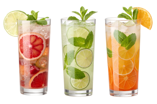 Set of six refreshing summer beverages in highball glasses. Includes iced tea with lime, mojito with mint, grapefruit cooler, tequila sunrise with cherry, and orange juice cocktail. Isolated on transp