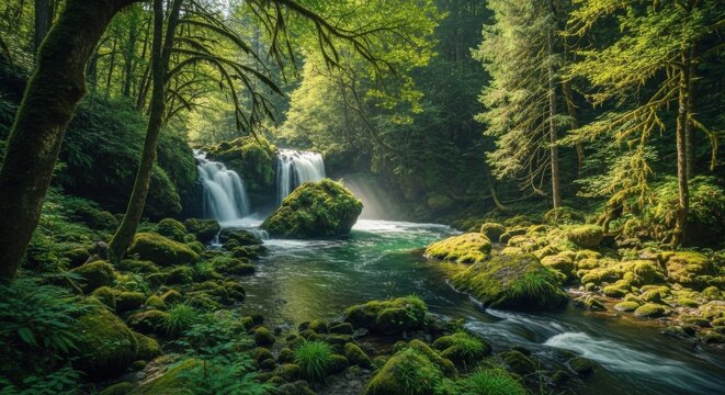 Lush forest stream with a gentle waterfall cascading over moss-covered rocks bathed in dappled sunlight creating a tranquil natural scene