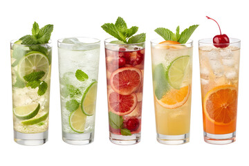 Fototapeta premium Set of six refreshing summer beverages in highball glasses. Includes iced tea with lime, mojito with mint, grapefruit cooler, tequila sunrise with cherry, and orange juice cocktail. Isolated on transp