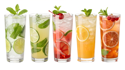 Set of six refreshing summer beverages in highball glasses. Includes iced tea with lime, mojito with mint, grapefruit cooler, tequila sunrise with cherry, and orange juice cocktail. Isolated on transp