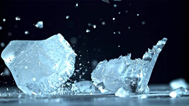 Macro time-lapse video: a solid, transparent ice block is struck by an ice pick in slow motion. The moment of impact creates dramatic cracks and shattering, with fragments flying outward.