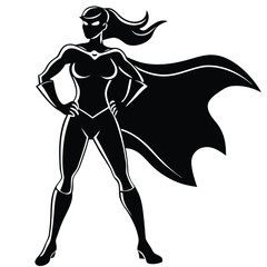 Powerful female superhero standing confidently with flowing cape silhouette