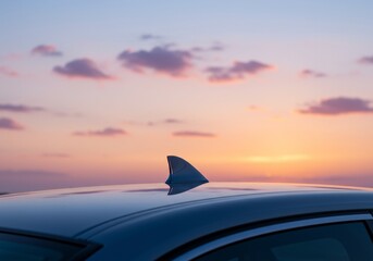 A modern car's shark fin antenna silhouetted against a beautiful sunset sky with soft, pastel clouds, symbolizing connectivity and travel.