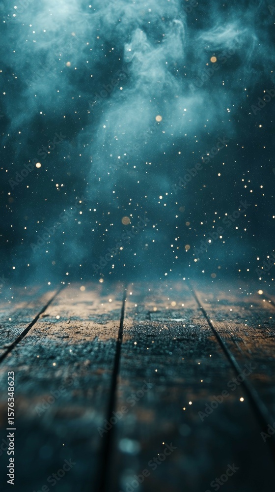 Aufkleber creating a magical effect using smoke and particles on a wooden surface