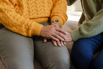 Female friends sitting on sofa at home, placing comforting hands over cushion by window blinds