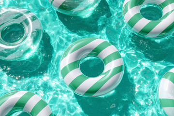 Pool Floats: A summer scene showcasing striped floats in turquoise water, creating a relaxing atmosphere.