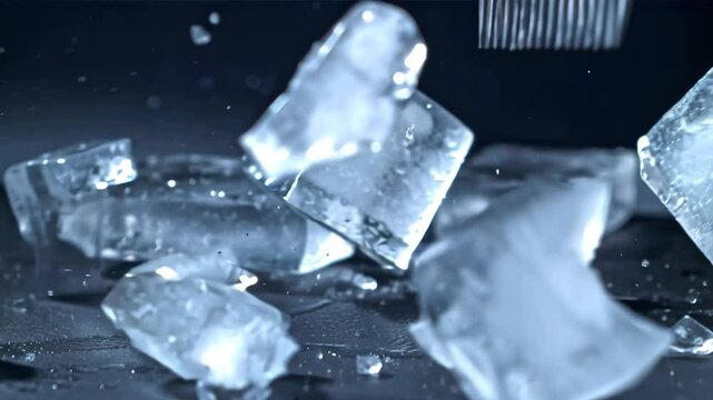 Macro time-lapse video: an ice pick strikes a solid ice block in slow motion. On impact, the ice cracks dramatically and explodes into sharp shards.