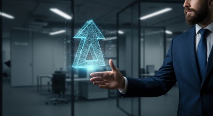 Obraz premium Businessman Presenting Glowing Arrow Symbol in Modern Office Setting