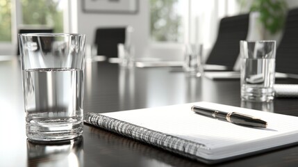Meeting room table with water glass, notepad, and pen