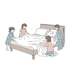 Watercolor Children Changing and Making Bed Together Illustration Concept