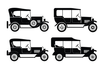 Fototapeta premium Vintage Car Silhouette Collection: A compilation of meticulously crafted silhouettes showcasing a range of classic vintage cars, each radiating the distinct charm and elegance of a bygone era.