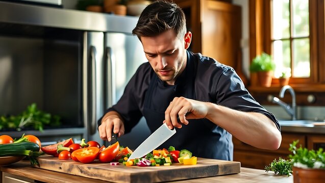 Man preparing vegetables on a wooden cutting board in a bright kitchen environment at home