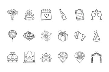 Event planning icon set including flowers cake champagne glasses party decorations