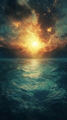 Ocean Waves Under Glowing Celestial Sky with Stunning Light