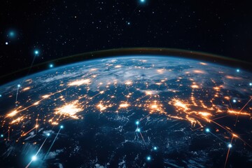 Earth illuminated by city lights and glowing connections in deep space night