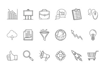 Set marketing icons including charts, briefcase, cloud, shopping cart business