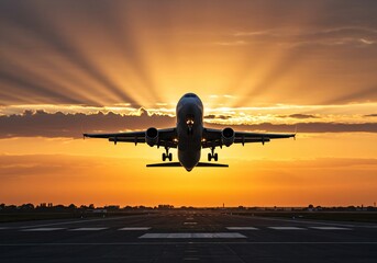 Fototapeta premium Airplane taking off at sunset