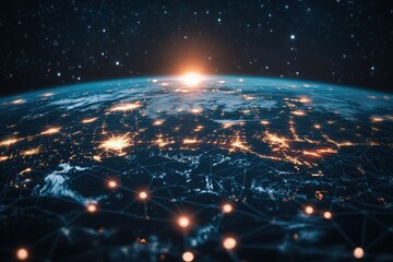 Glowing Earth Network From Space With Sunrise globe connections