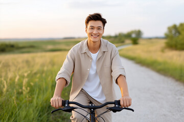 Fototapeta premium Smiling man cycling on a rural road at sunset