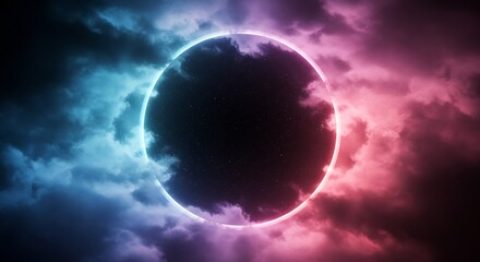 Fototapeta premium Celestial Halo: Neon Ring Encircling Starry Night Sky, Dreamlike Cloudscape